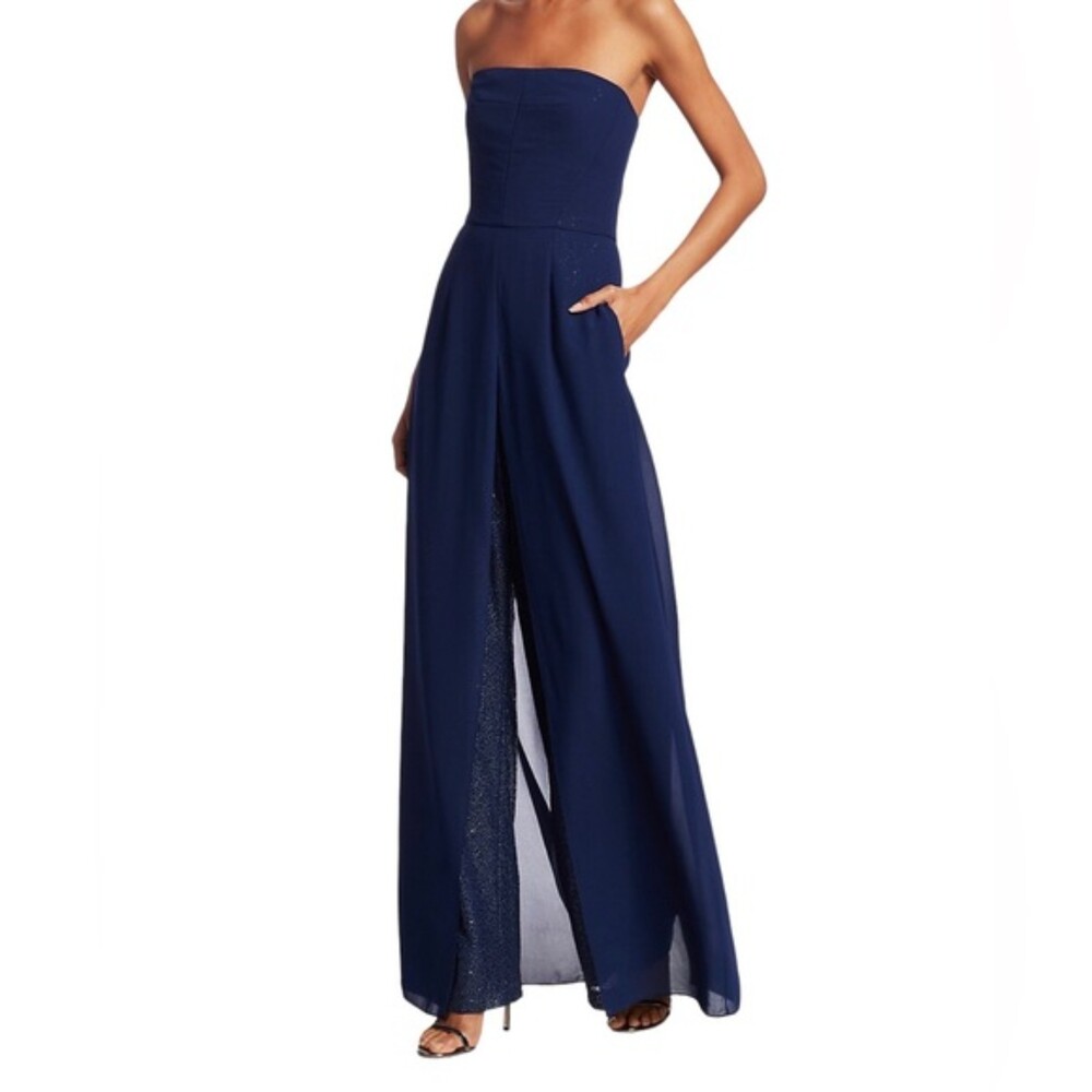 Halston Georgette Overlay Sequin Jumpsuit Navy Blue 4 S Strapless Wide Leg NWT